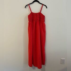 Red Smocked Midi Dress